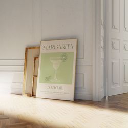 retro margarita cocktail print, vintage wall art design in beige & lime green, modern home gallery wall bar kitchen deco