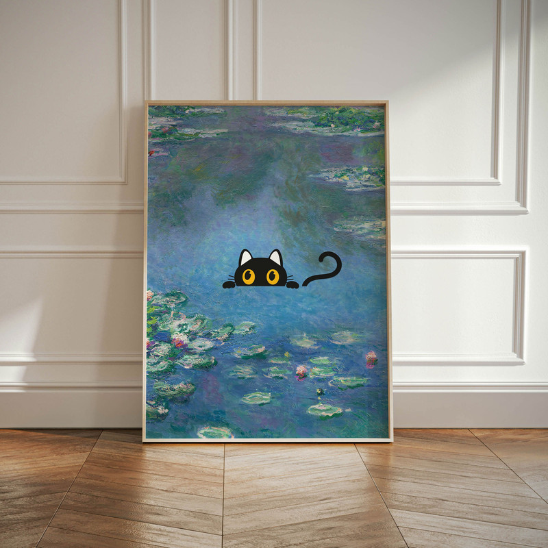 Monet Waterlily Cat Print, Claude Monet Exhibition Cat Poster, Black Cat Art, Funny Cat Floral Print, Funny Gift, Famous Artist Home Decor.jpg