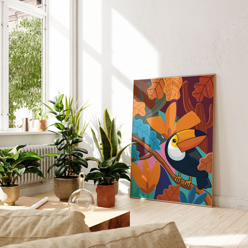 Plants And Toucan Bird Print Boho Home Decor, Animal Wall Art, Flower Prints Living Room Wall Art, Yellow Abstract Vintage Art Gift Idea.jpg