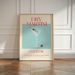retro dry martini cocktail print, vintage wall art design in beige & lime green, modern home gallery wall bar kitchen de