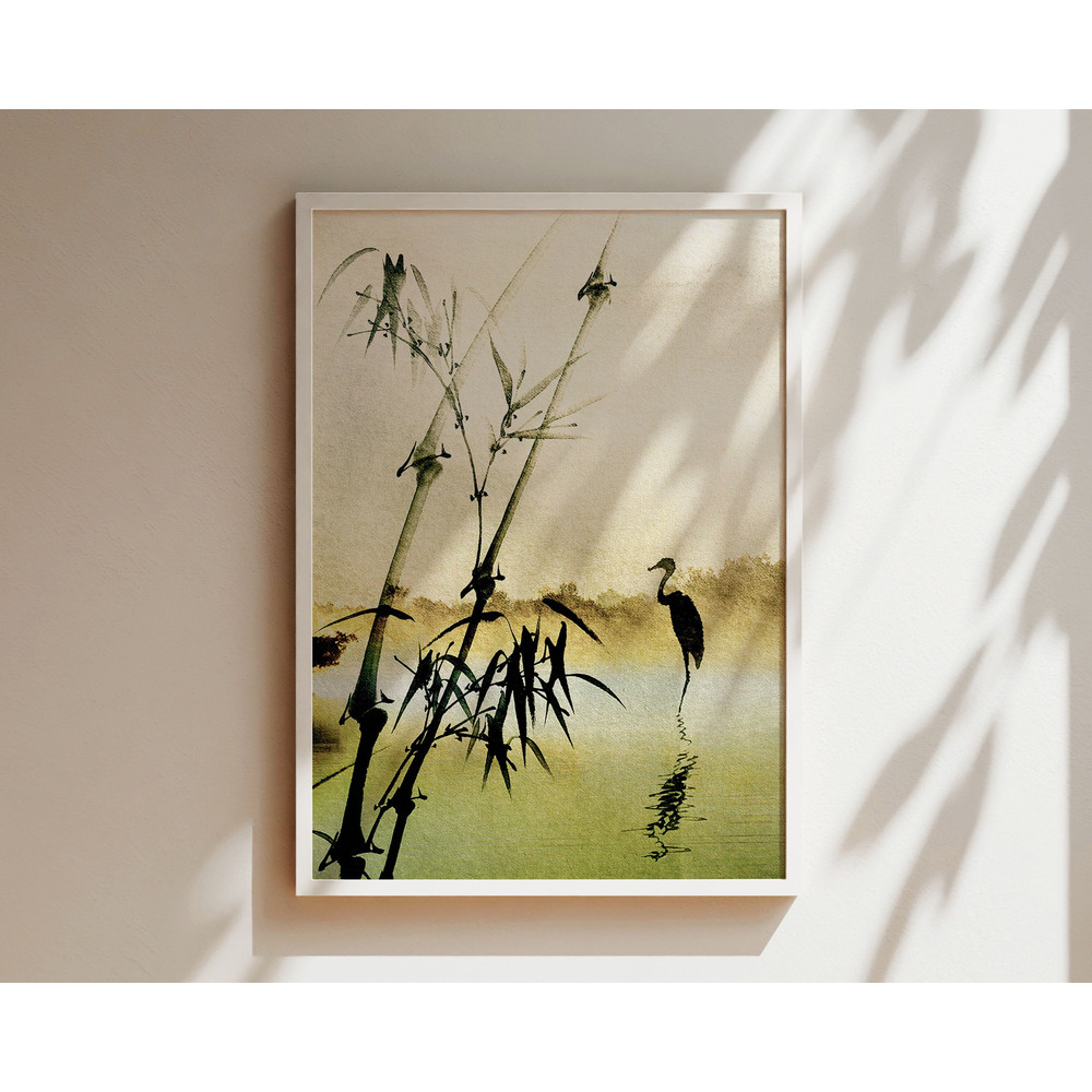Vintage Japanese Wall Art Print, Retro Home Decor, Oriental Wall Hanging, Japanese Crane Inspired Unique Gift, Green Landscape Poster Print.jpg