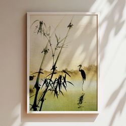 vintage japanese wall art print, retro home decor, oriental wall hanging, japanese crane inspired unique gift, green lan