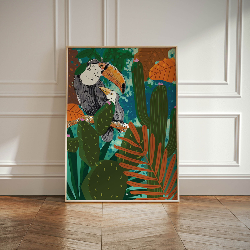 Plants And Toucan Bird Print Boho Home Decor, Animal Wall Art, Flower Prints Living Room Wall Art, Yellow Abstract Vintage Art Gift Idea-1.jpg