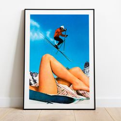the big jump  vintage collage art  humorous art  skiing poster  winter sports poster  surrealist poster  holiday art  ch