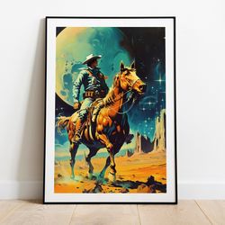 the space cowboy - retro futurism vintage western cosmic sci-fi art collage art space adventure cowboy art poster