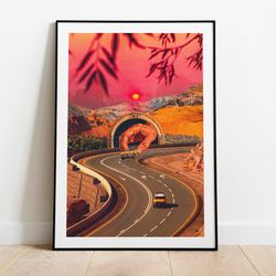 play time  trippy poster  surreal collage  pink artwork  psychedelic art  vintage collage art  road trip  cozy art  wall