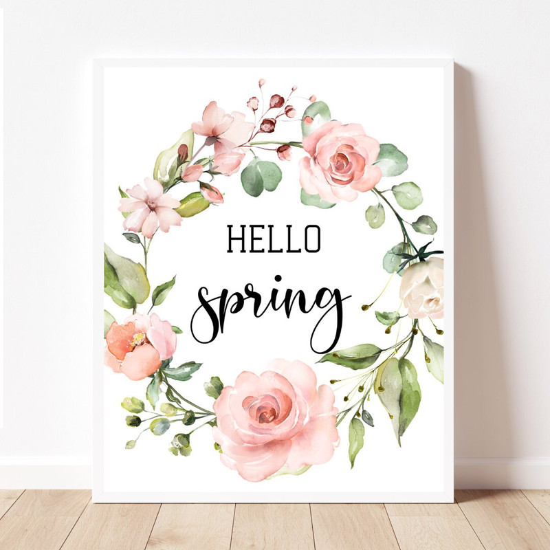 Hello Spring sign Hello Spring pink roses printable art instant download Farmhouse spring decor Spring wall art Spring wreath print Floral.jpg