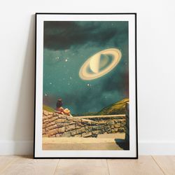 date with saturn retro futuristic space vintage collage art, scifi poster, surreal art, eclectic home decor, premium pos