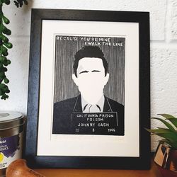 johnny cash head shot original lino print