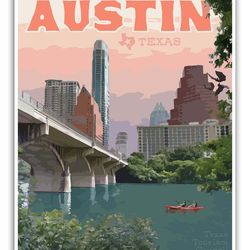 austin texas travel poster, austin texas vintage style print