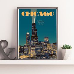 chicago illinois vintage style travel poster, chicago cityscape print