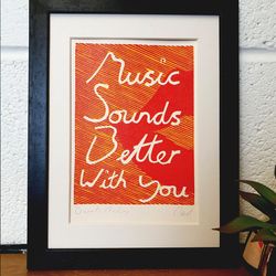 stardust- music sounds better with you lyrics- original lino print