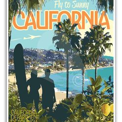 california beach vintage style travel poster, visit california print