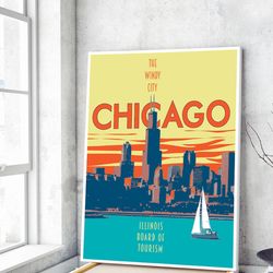 chicago illinois vintage style travel poster, chicago lakefront print