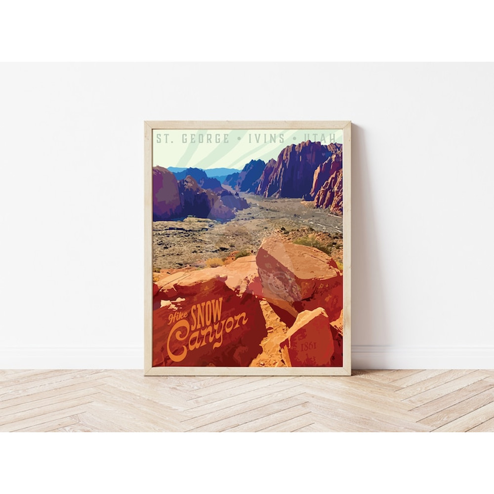 Snow Canyon Utah Print, St George Red Rocks Vintage Style Travel Poster.jpg