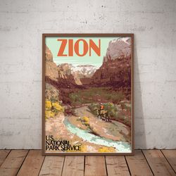 zion national park vintage style travel poster, zion national park utah print