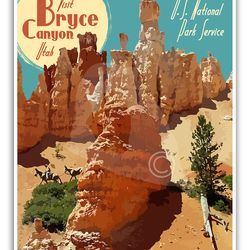 bryce canyon national park utah vintage style travel poster, national park art