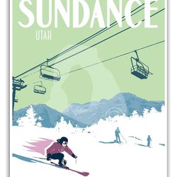 sundance utah skiing vintage style travel poster, sundance resort travel print