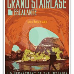 grand staircase escalante jacob hamblin arches vintage style travel poster, utah national monument print