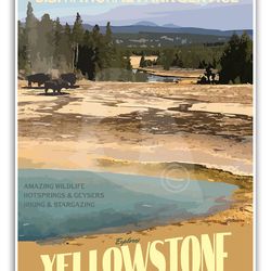 yellowstone national park vintage style travel poster, yellowstone wyoming national park hot springs print