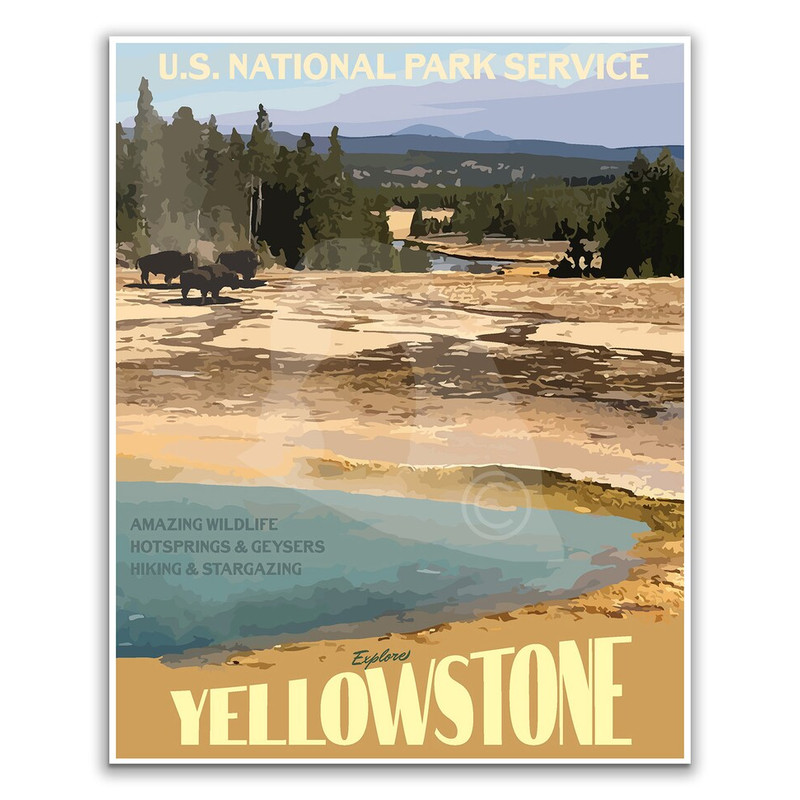 Yellowstone National Park Vintage Style Travel Poster, Yellowstone Wyoming National Park Hot Springs Print.jpg