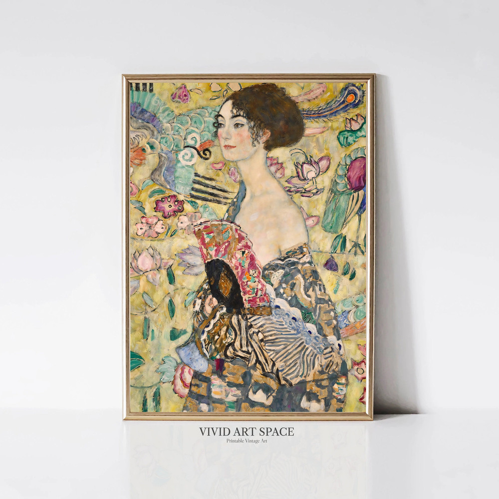 Gustav Klimt Lady with Fan Modern Woman Portrait Painting Art Nouveau Portrait Print Printable Wall Art Digital Download.jpg
