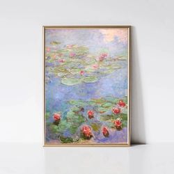 Claude Monet Water Lilies  Impressionist Landscape Painting  Garden Print  Red Flower Print  Monet Wall Art  Digital Dow