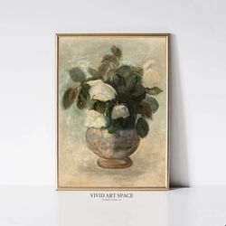 neutral white roses  flower painting  vintage art print  floral print  farmhouse wall decor  printable wall art  digital