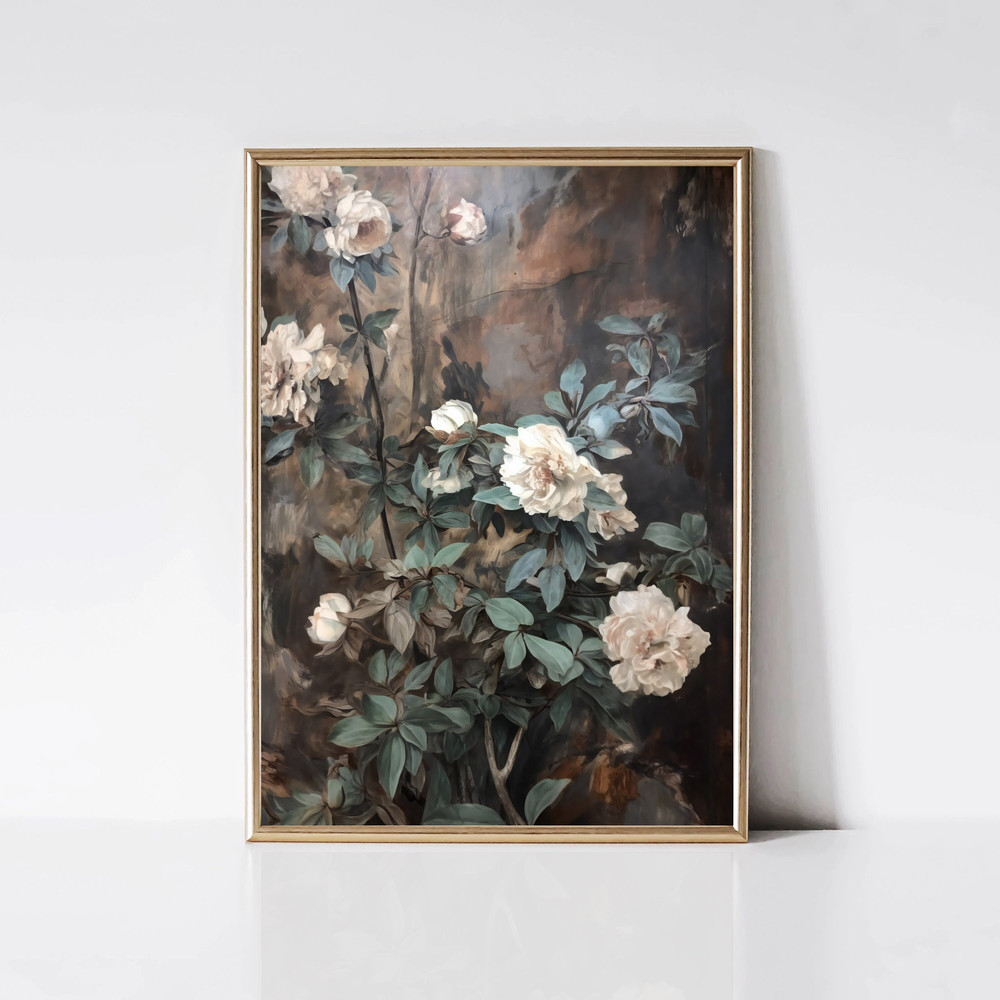 Dark Rustic Flower Painting Moody White Floral Print Farmhouse Wall Decor Vintage Art Print Printable Wall Art Digital Download.jpg