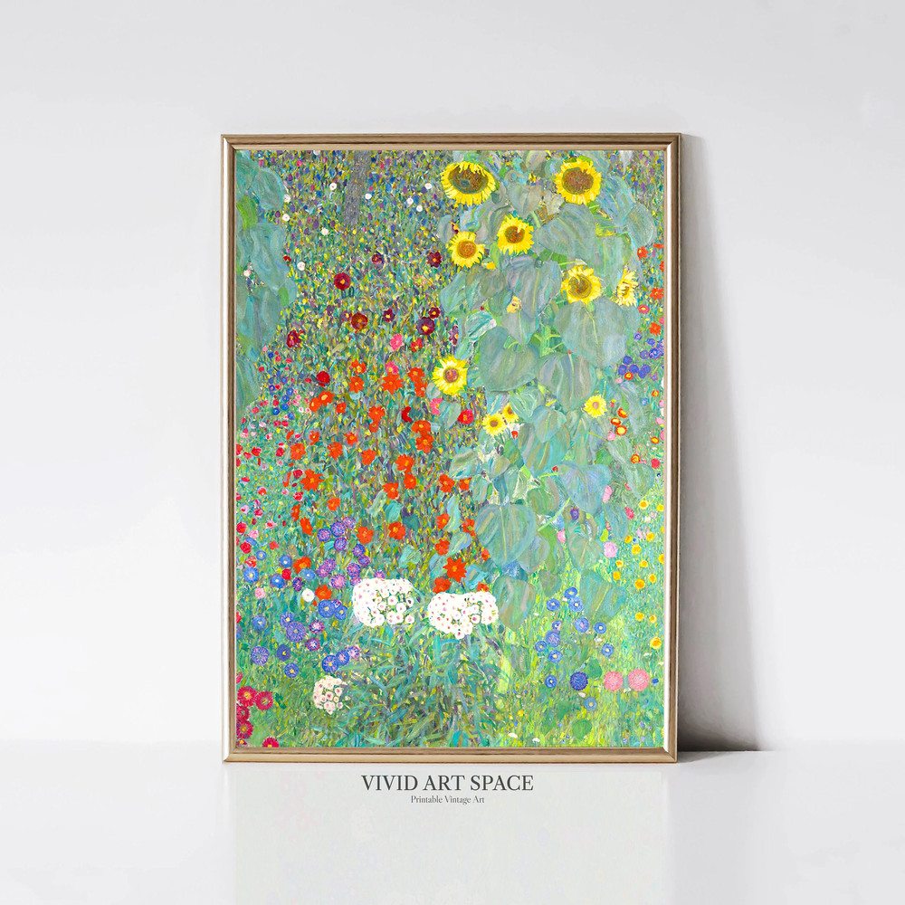 Gustav Klimt Farm Garden with Sunflowers Landscape Painting Art Nouveau Vintage Flower Print Printable Wall Art Digital Download.jpg