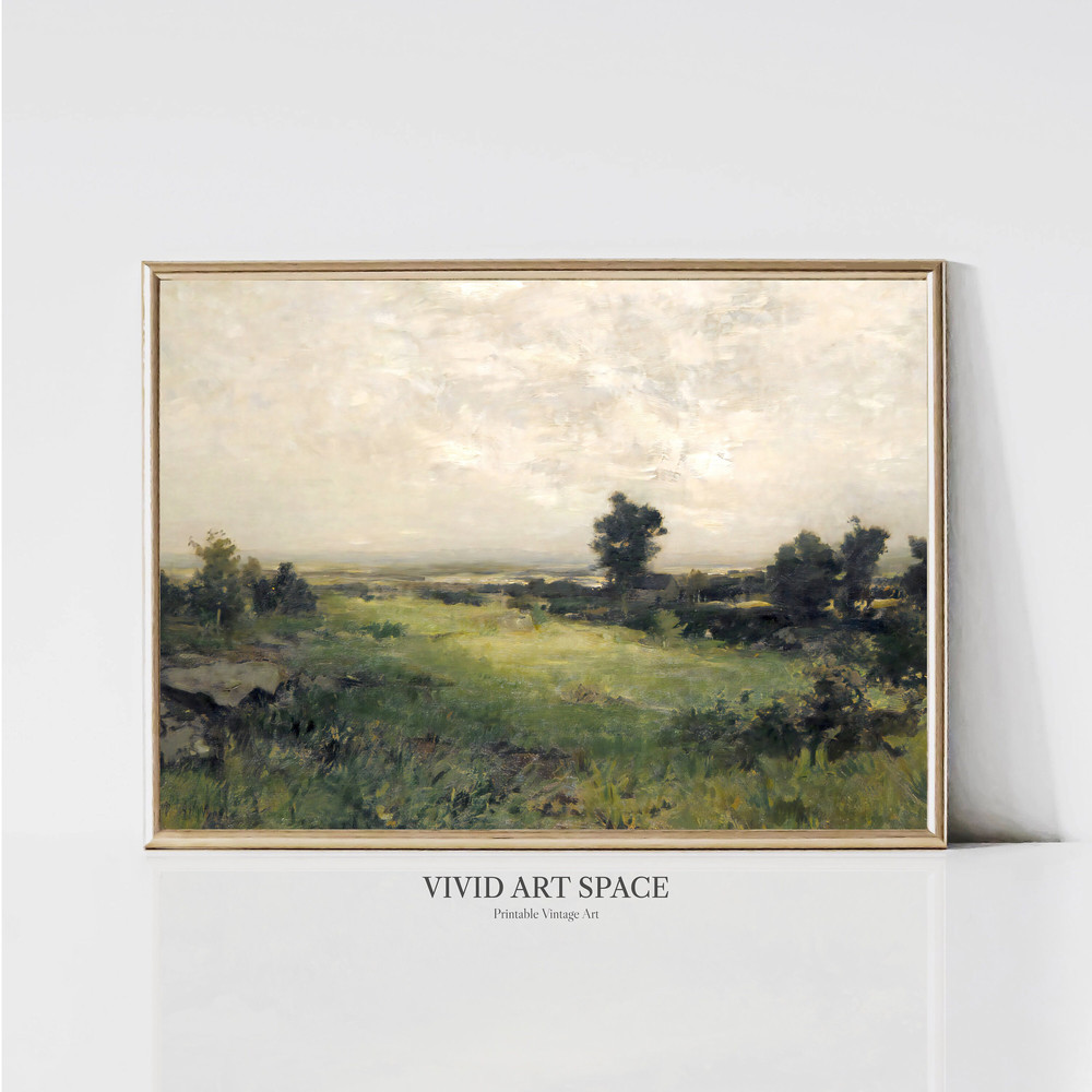 Rustic Valley Landscape Vintage American Country Painting Moody Summer Meadow Print Printable Farmhouse Wall Art Digital Download.jpg