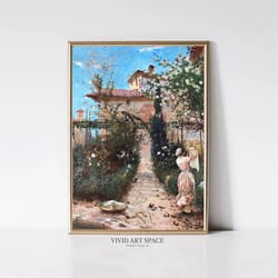 garden laundry painting victorian country woman portrait vintage summer flowers landscape print printable wall art d