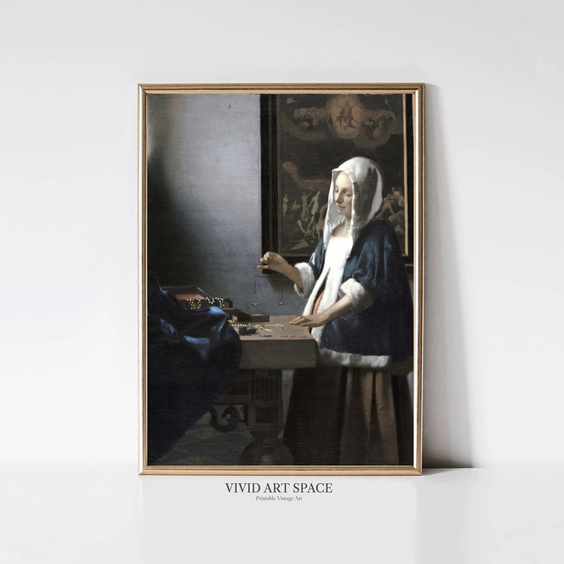 Woman Holding a Balance by Johannes Vermeer Dutch Baroque Painting Vintage Woman Portrait Print Printable Wall Art Digital Download.jpg