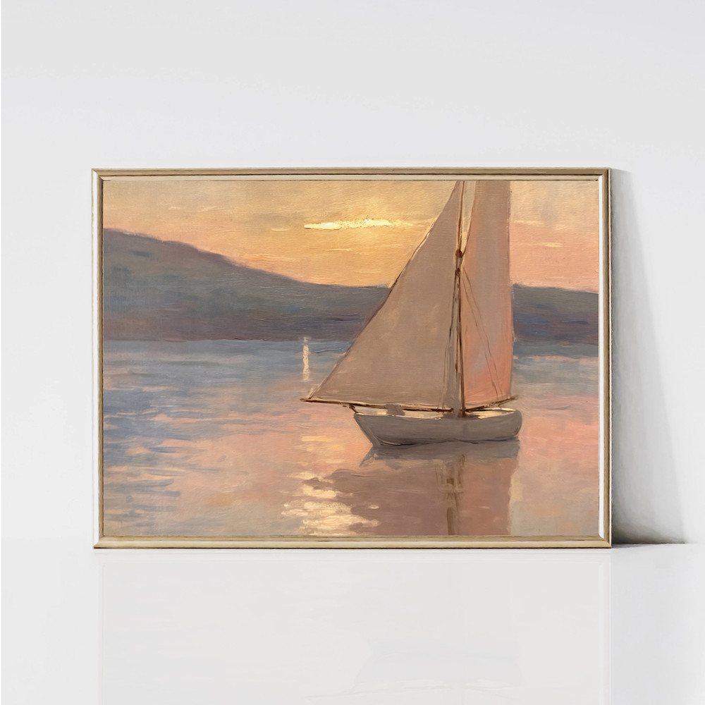 Sailboat at Sunset Painting Vintage Coastal Landscape Abstract Modern Seascape Print Printable Beach House Wall Art Digital Download.jpg
