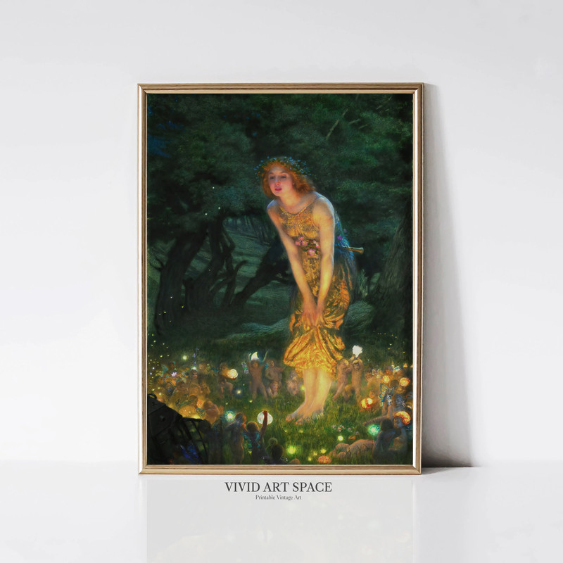 Midsummer Eve by Edward Robert Hughes Pre-Rhaphaelite Art Print Dark Woman Portrait Painting Fairy Printable Wall Art Digital Download.jpg
