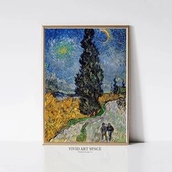 road with cypress and star by vincent van gogh impressionist art print colorful landscape painting printable wall art