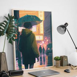retro lo-fi anime aesthetic poster of a rainy night in tokyo a cozy above bed japanese decor wall art gift idea for frie