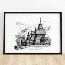 church at borgund - architectural illustration - historical wall art - unique home decor