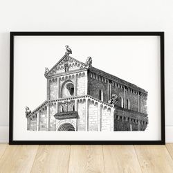 church at rosheim - architectural illustration - historical wall art - unique home decor