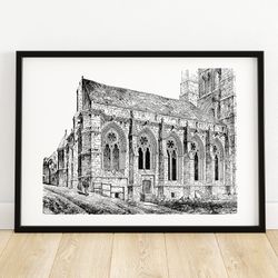 catherdral of noyon, france - architectural illustration - historical wall art - unique home decor