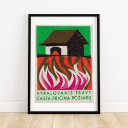 burning field - matchbox print - czech wall art - vintage czech art - matchbox wall poster - vintage poster print