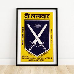 crossed swords - matchbox print - india wall art - vintage india art - matchbox wall poster - vintage poster print