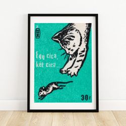 cat chasing mouse - matchbox print - czech wall art - vintage czech art - matchbox wall poster - vintage poster print
