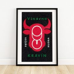 cows head wine glass - matchbox print - czech wall art - vintage czech art - matchbox wall poster - vintage poster print