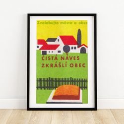 clean houses enhances village - matchbox print - czech wall art - vintage czech art - matchbox wall poster - vintage pos