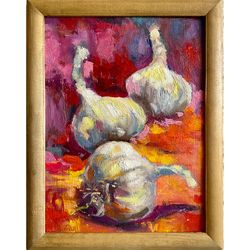 Garlic painting, food still life painting, vegetable oil painting on canvas, framed original wall art