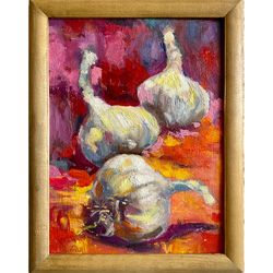 garlic painting, food still life painting, vegetable oil painting on canvas, framed original wall art