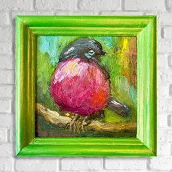 Pink Robin Painting Original, Australian Bird Oil Painting Canvas Wall Art, Miniature Artwork 5 x 5 in Gift for Friends