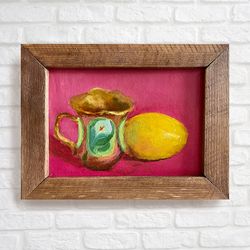 Framed lemon painting, teacup still life, citrus wall art, fruit oil painting, kitchen wall decor