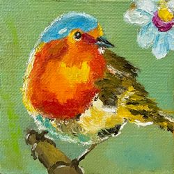 Bird Painting Original Robin Bird oil canvas, Framed Robin Painting Miniature wall art 4x4 Gift for Friends